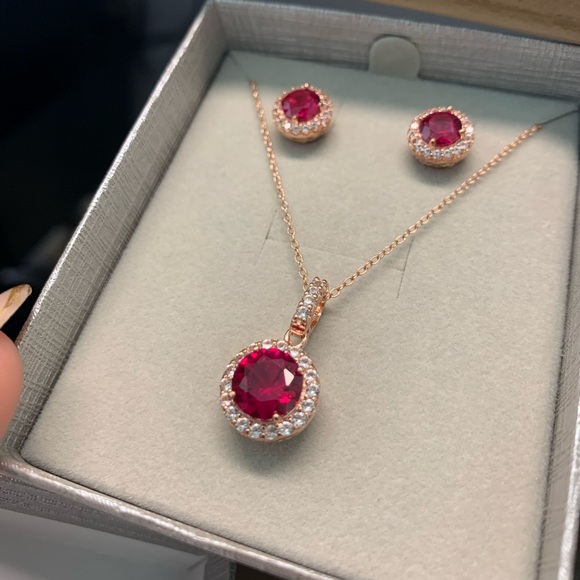 Zales Lab-Created Ruby and White Sapphire Pendant and Earrings Set in Rose Gold - Picture 3 of 4